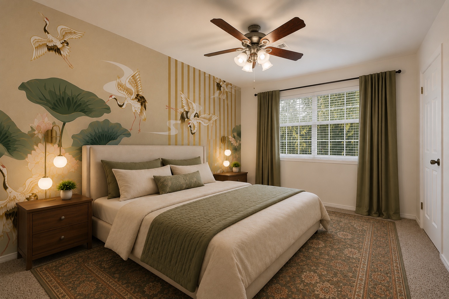 Serene bedroom with crane and lotus mural