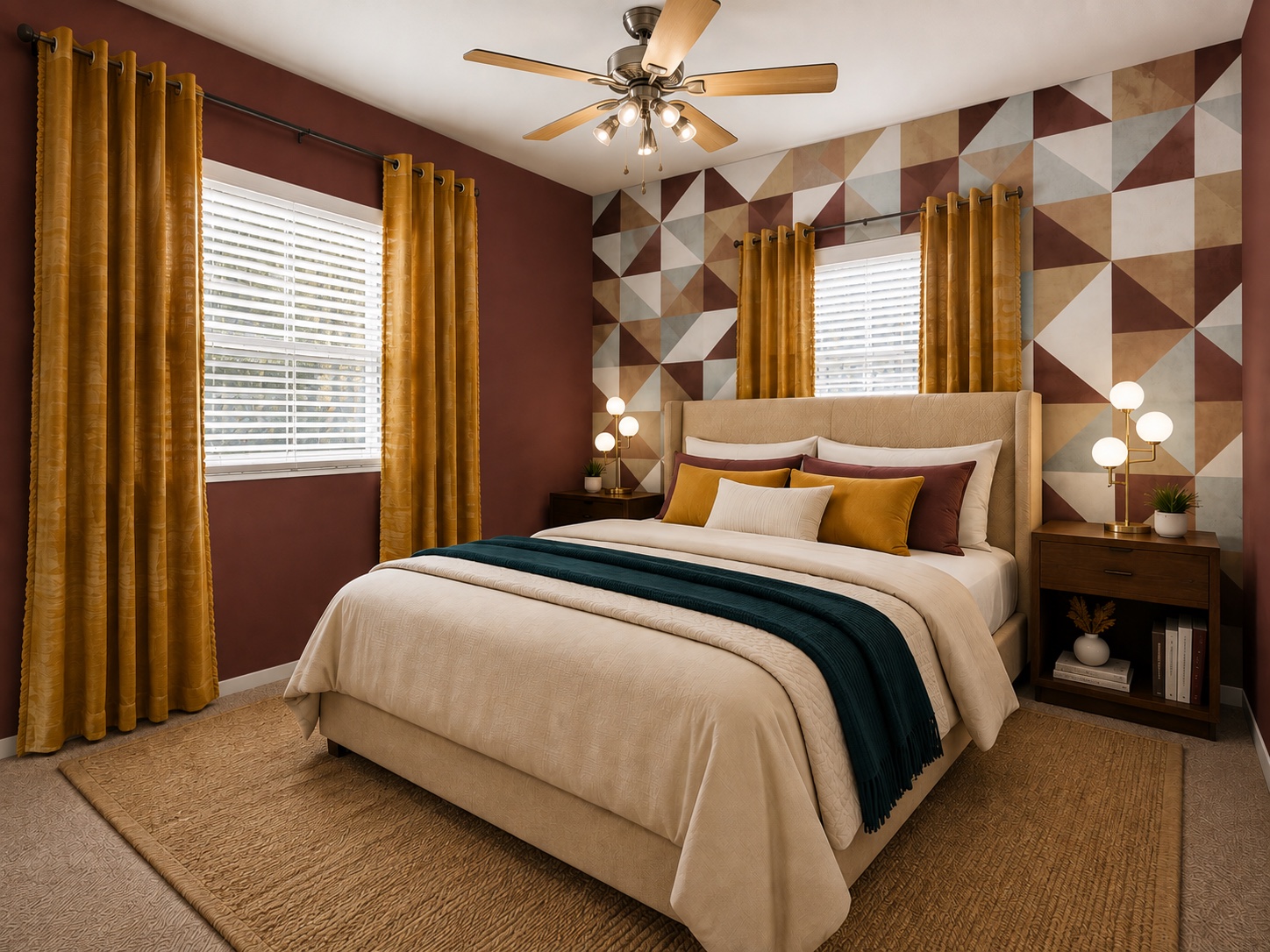 Warm guest bedroom with geometric mural and queen bed