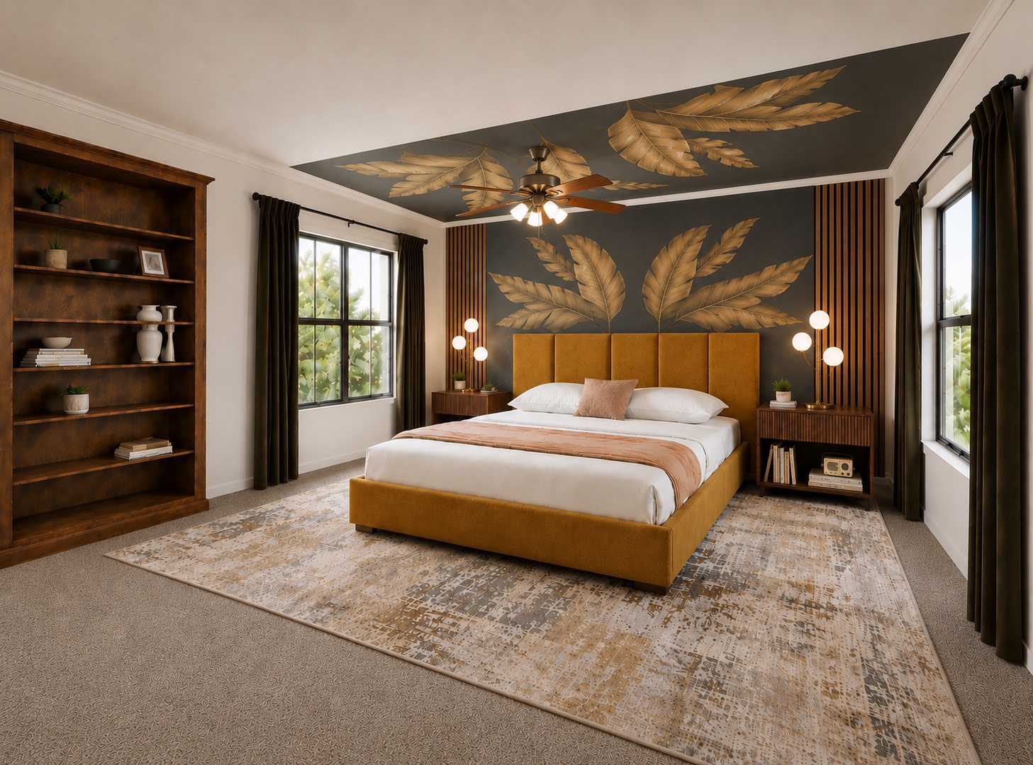 Elegant bedroom with gold botanical mural and king bed