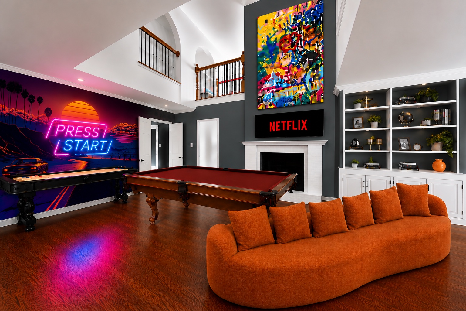 Game room with pool table, shuffleboard, fireplace, and orange sofa