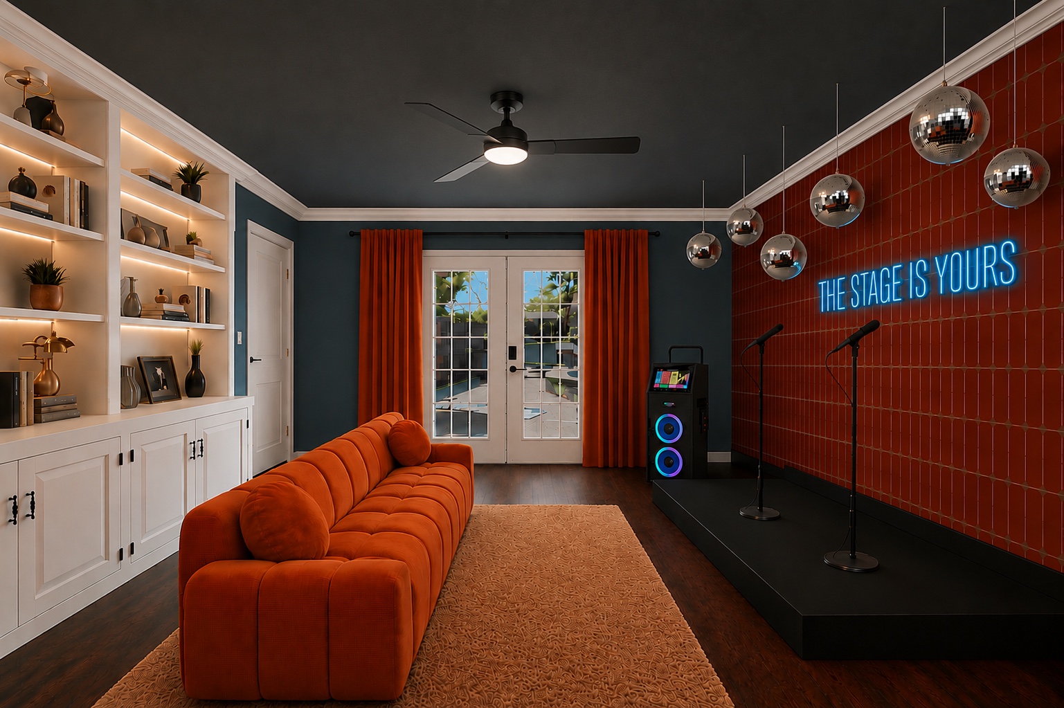 Private karaoke lounge with microphones, stage, and orange sofa