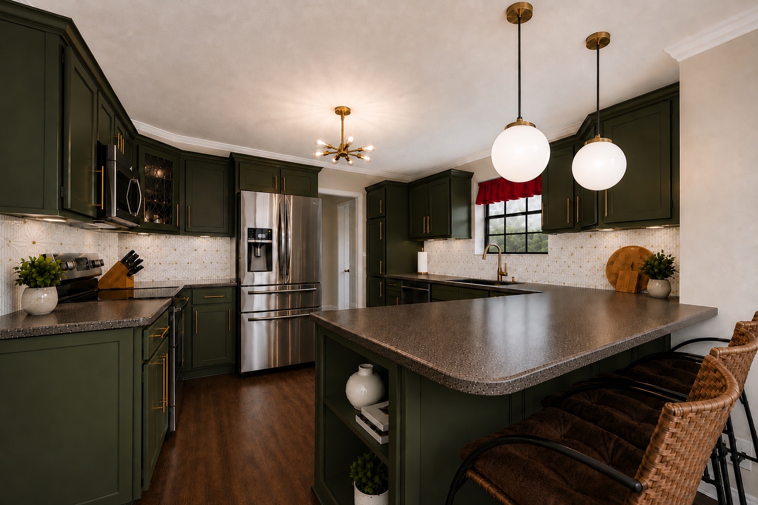 Spacious green and brass kitchen with large breakfast island