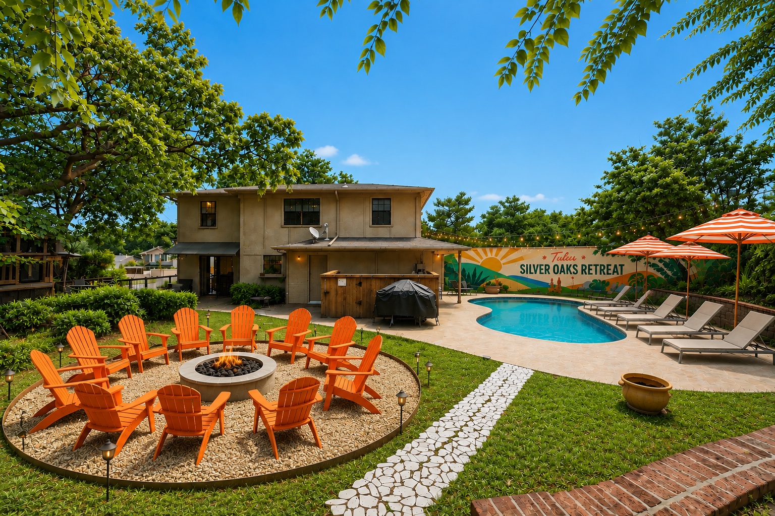 Silver Oaks Retreat pool, spa, firepit, and outdoor lounge